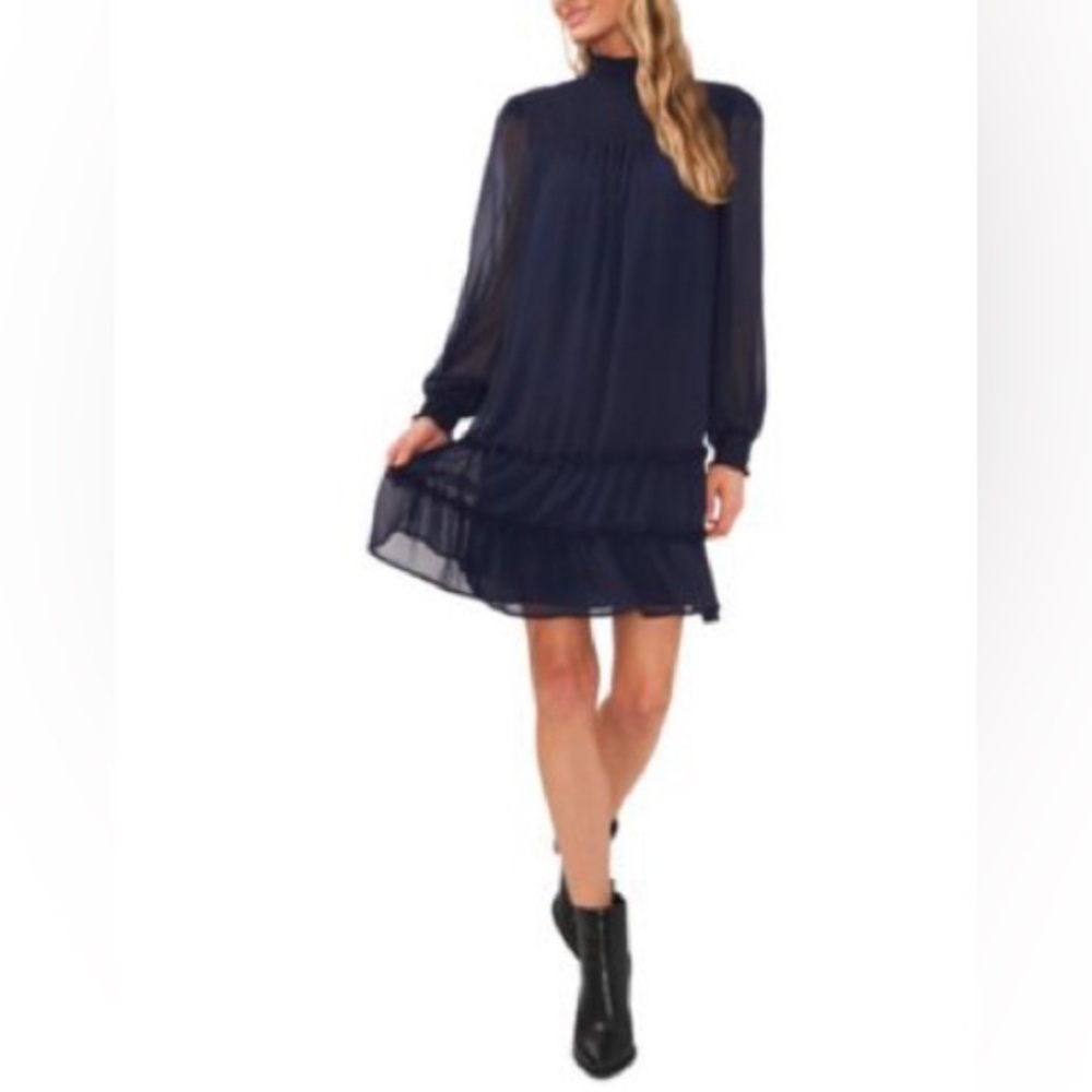 CeCe Women's Long Sleeve Mock-Neck Ruffle Hem Dress M - Navy